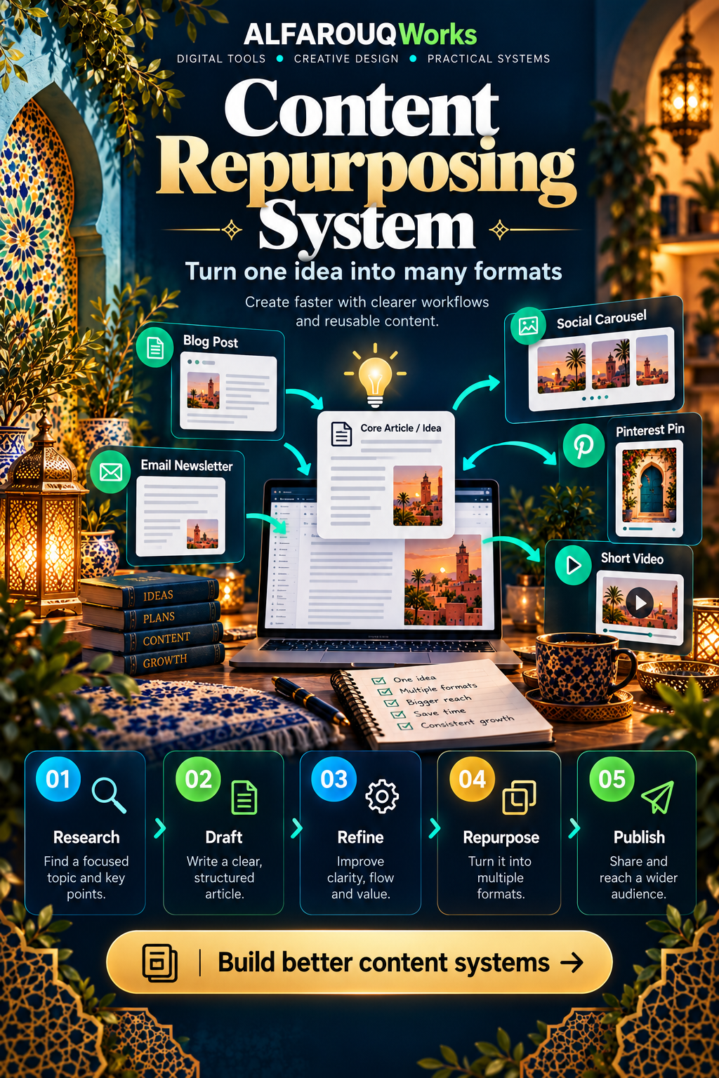 AI-generated illustration of a content repurposing workflow from a core idea into social, email, video and Pinterest formats